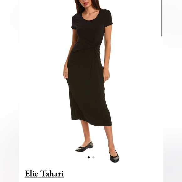 Elie Tahari Black Short Sleeve Midi Dress In Black Noir Sz Large. Nwt $245